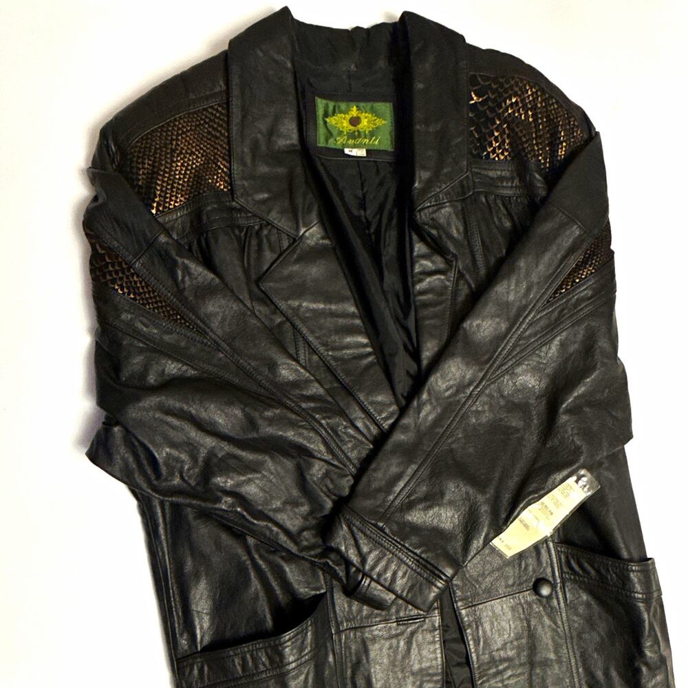 Avanti Womens Black Genuine Leather Long Jacket Snakeskin Trim Snap Pockets M